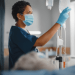 Female nurse wearing a mask checking on patient’s IV.