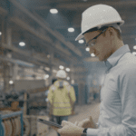 Worker using ipad in factory.